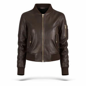 Blouson aviateur en cuir véritable marron pour femme, uni, automne-hiver, logo, fermeture éclair sur le devant, imperméable, écologique, qualité supérieure, OEM ODM - Product Image 1