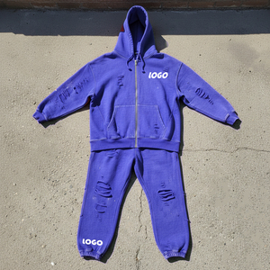 Streetwear Custom <b>Patch</b> Distressed Ripped Double Layer Waffle Zip up Hoodie Jacket and Sweat <b>Shorts</b> Set Sweatsuit for <b>Men</b> - Product Image 6