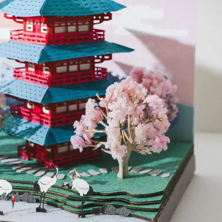 [4] Kit de Casa de Bonecas em Papel 3D Primavera Fuji Flor de Cereja