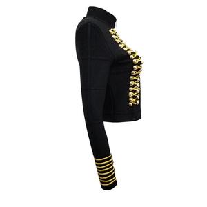 Veste noire pour homme, style élégant, garniture tressée dorée, manches longues, fermeture boutonnée, col montant ajusté, 100% laine et coton - Product Image 4