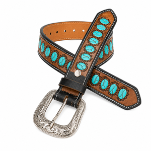 Cinturón de Cuero Occidental Premium para Hombre, con Incrustaciones de Piedras Turquesa y Hebilla Grabada, para Uso Casual - Product Image 3