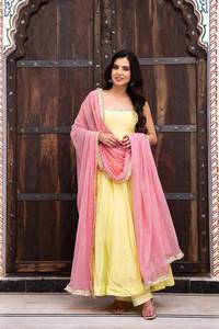 Yellow Pink Women Salwar Kameez Set Embroidered <b>Net</b> Dupatta Solid Sleeveless <b>Top</b> Traditional Dress for Party Wedding - Product Image 1