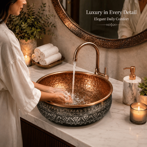 Handcrafted Dual Tone Copper Vessel Wash <b>Basin</b> <b>Round</b> Luxury Countertop Bathroom Sink Embossed Designer <b>Basin</b> for Home and Hotel - Product Image 4
