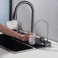 Évier de cuisine simple fait main en acier inoxydable 304, finition brossée, cascade, multifonction, à encastrer, quatre trous, robinet en laiton