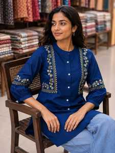 Tunique en coton brodée orange pour femme, coupe régulière, longueur genou, style ethnique, décontractée, pour festivals indiens, Kurti recyclée - Product Image 6