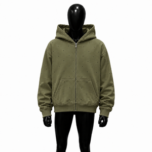 Sweat à capuche zippé Olive pour homme – Qualité supérieure, coupe oversize, style streetwear, motif à petits pois, en polaire, décontracté, mode hiver - Product Image 1