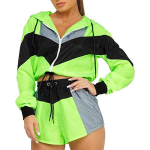 Ensemble short et veste coupe-vent pour femme, léger, en polyester, color block, sweat à capuche zippé, tenue de sport deux pièces, tendance été - Product Image 6