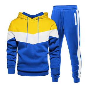 Conjunto Deportivo para Hombre con Capucha y Bloques de Color, Manga Larga, Cierre con Cordón, Estilo Casual, para Otoño, con Patrón Azul, Amarillo y Blanco - Product Image 1