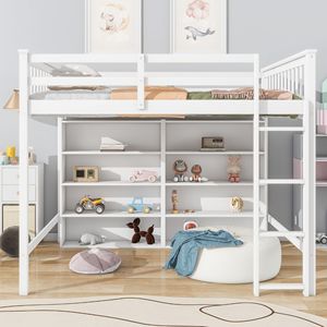 Letto a soppalco bianco a grandezza naturale con 8 ripiani aperti e scaletta integrata per bambini - Product Image 3
