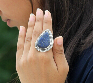 <b>Large</b> Pear Blue Lapis Lazuli Gemstone Handmade <b>Ring</b> 925 Sterling Silver <b>Ring</b> for Girls & Women's - Product Image 1