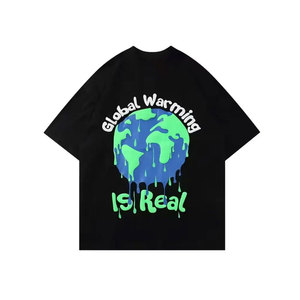 เสื้อยืดโอเวอร์ไซส์สีดำสำหรับผู้ชาย พิมพ์ลาย Global Warming Is Real ด้านหลัง สไตล์ลำลอง แขนสั้น คอกลม ผ้าถัก โพลีเอสเตอร์ 100% - Product Image 1