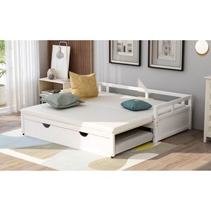เตียงไม้สีขาวพร้อมเตียงปรับขยายได้พร้อมหีบเก็บของซ่อน - Product Image 1