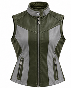 <b>Men's</b> <b>Leather</b> <b>Vest</b> Stand Collar Moto Biker Style Zipper Closure Color Blocked - Product Image 1