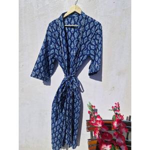 Indigo Floral Print Cotton Kimono <b>Robe</b> Women <b>Beach</b> Cover Up Lightweight Lounge Wear Bathrobe Casual Wrap Dress - Product Image 1