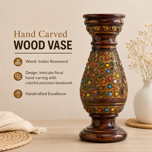 Vase décoratif en bois de rose indien sculpté à la main |   Vase à fleurs en bois floral avec des perles colorées |   Décoration d'intérieur artisanale, cadeau d'appoint - Product Image 3