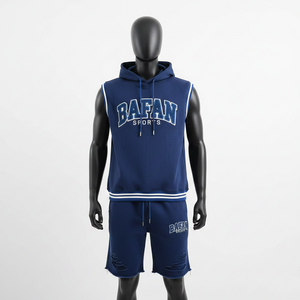 Ensemble short et sweat à capuche sans manches pour homme 100% coton, molleton de coton premium, bleu marine, broderie appliquée, logo personnalisé - Product Image 1