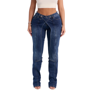 Jean en denim coupe bootcut bleu foncé vintage pour femme, taille mi-haute, coupe régulière, décontracté, longueur complète, patchwork, respirant, séchage rapide, personnalisable - Product Image 1