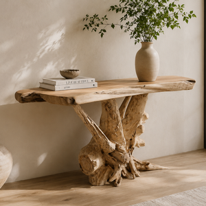 Mesa Consola ARTERRA de Lujo Ecológica Hecha a Mano de Madera Maciza Rústica de Raíz de Teca con Borde Natural, Moderna, Orgánica, Duradera y Fácil de Instalar para Sala de Estar - Product Image 6