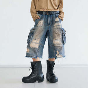 Custom Oversized Distressed Cargo Denim Jorts Men Vintage Washed Wide Leg Baggy Jean Shorts Streetwear Hip Hop Cargo Shorts - Product Image 4