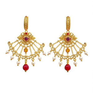 Boucles d'oreilles Jhumki plaquées or de style ethnique avec pierres Pota et perles, pendantes en forme de pompon et de fleur, et boucles d'oreilles créoles à breloques - 10574442PK - Product Image 2