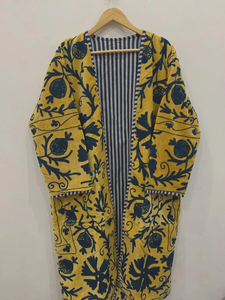 ชุดกิโมโนกำมะหยี่ปักมือลายซูซานี สีเหลืองมัสตาร์ดและสีน้ำเงินอินดิโก้ ลายทับทิมแบบดั้งเดิม สไตล์โบฮีเมียน ชุดคลุมยาว - Product Image 1