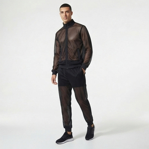 Ensemble de survêtement transparent léger pour un look tendance, veste et pantalon transparents, 100% polyester, noir, maille transparente, unisexe - Product Image 4