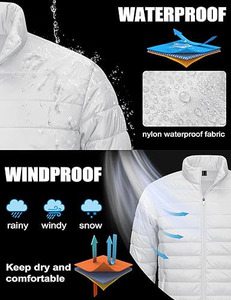 <b>Men's</b> <b>White</b> Lightweight <b>Puffer</b> <b>Jacket</b> Stand Collar Zipper Closure Windproof Casual Winter Wear Slim Fit Solid Color - Product Image 5