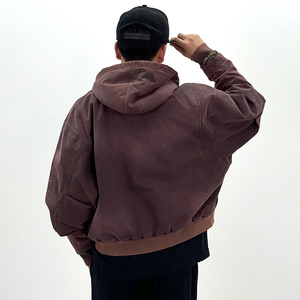 Veste à capuche zippée pour homme, coupe droite, en tissu délavé, avec logo tissé sur le devant, 430g, couleur unie, style streetwear décontracté - Product Image 2