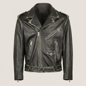 Veste de moto en cuir véritable pour hommes, style motard, col rabattu, fermeture éclair, ceinture, coupe ajustée, pour l'automne et l'hiver - Product Image 1