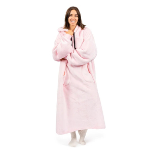 Oversized Soft Lined Printed <b>Hooded</b> <b>Fleece</b> Robe Long Sleeve Solid Color Women's Wearable <b>Blanket</b> Coat Autumn Winter Warm Pink - Product Image 4