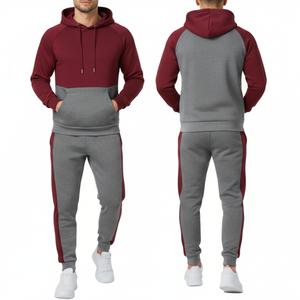 OEM <b>Mens</b> Tracksuit <b>Burgundy</b> Grey Color Block Raglan <b>Hoodie</b> with trouser Sportswear OEM Manufacturer - Product Image 3