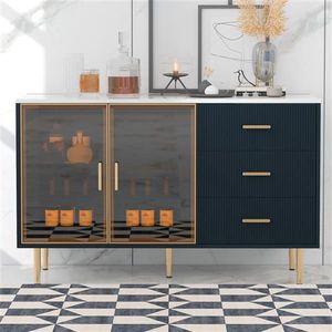 Credenza Moderna Giallo Ambra con Gambe in Metallo Dorato, Mobile Buffet in MDF, Piano in Marmo Adesivo, Ante in Vetro Temperato per Soggiorno - Product Image 2