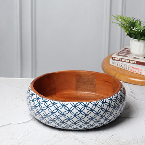 Premium Mango Wood <b>Bowl</b> with <b>Enamel</b> Print Extra Large Wooden Salad <b>Bowl</b> with 2 Servers <b>Bowls</b> for Entertaining Kitchen Decor Use - Product Image 4