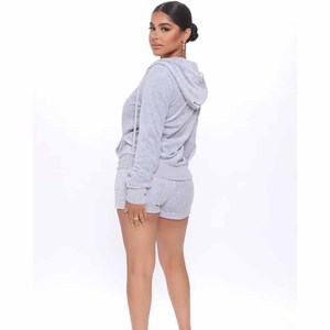 Women's Gray Fleece Hooded Shorts <b>Set</b> Full Sleeve Casual Two Piece Outfit Loose Fit Spring Summer Solid Color Knitted - Product Image 2