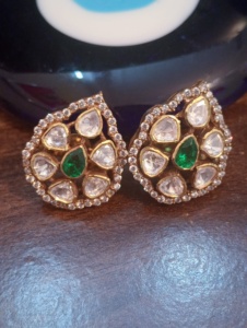 <b>studs</b> <b>earrings</b> in leaf design with green doublet and polki stone in <b>silver</b> 925 material for bridal gold layered in handmade <b>stud</b> - Product Image 2
