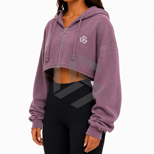 Women's <b>Cropped</b> <b>Zip</b>-<b>Up</b> Hoodie Solid Color Oversized Fleece Sweatshirt With Logo Front Autumn Casual Wear - Product Image 3
