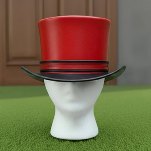 Premium quality custom made Handmade Red Leather Top <b>Hat</b> Steampunk Cosplay <b>Hat</b> with Black Brim <b>Band</b> - Product Image 3