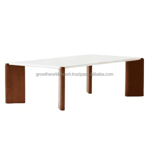 Luxury White Quartz Coffee Table with <b>Solid</b> <b>Wood</b> Base Modern Minimalist Center Table for Living Room Premium Quartz Top Coffee - Product Image 1