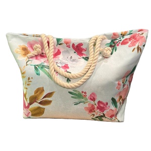 กระเป๋าถือลายดอกไม้สีน้ำสำหรับผู้หญิง แบบดรอปชิป พิมพ์ตามสั่ง กระเป๋าหิ้วเชือกป่านสุดหรูหราสง่างาม กระเป๋าสะพายชายหาด - Product Image 1