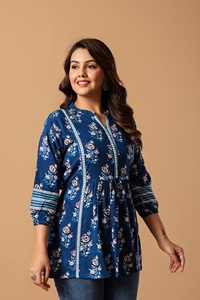 Top/Kurta de Algodón con Estampado Floral Azul para Mujer, Corte Regular, Largo Regular, Estilo Informal para Fiestas, Estilo India Pakistán, Secado Rápido - Product Image 3