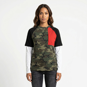 T-shirt camouflage à double manche pour femme, col rond, décontracté, patchwork, léger - Product Image 1