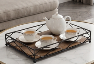 Deluxe Metal Rectangle <b>Storage</b> <b>Tray</b> With Wooden Base For Tabletop Food Serving Minimalist Design Powder Coated Finish - Product Image 2
