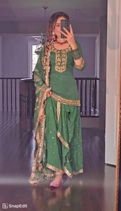 Traje de Mujer Listo para Usar, Estilo Indio Pakistaní, Georgette Salwar Kameez, Verde, Sharara, 100 Disponibles - Product Image 4