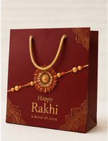 Sac cadeau en papier blanc écologique Happy Rakhi, design classique doré, fait main, à soufflets, fond carré, laminé micro-ondable