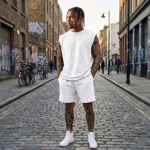 2026 Premium Quality Men Matching Oversized Set <b>Plain</b> <b>White</b> Sleeveless <b>Tee</b> And Shorts Casual Gym Sportswear Tracksuit - Product Image 2