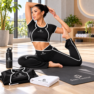 Ensemble tactique Sam 2 pièces, haut court noir et leggings évasés taille haute avec bordure contrastante blanche, prix avantageux, vente en gros - Product Image 3
