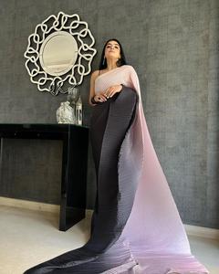 ผ้าซารีจอร์เจตต์สีชมพูไล่เฉดดำ ดีไซน์หรูหราสำหรับผู้หญิง เหมาะสำหรับงานแต่งงานอินเดีย ปากีสถาน งานเลี้ยง ความยาวคลุมพื้น ยืดหยุ่นได้ กระชับรูปร่าง - Product Image 1