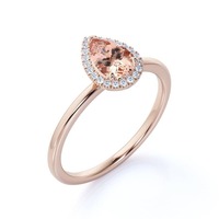 Bague de fiançailles en or rose 18 carats avec morganite taille poire, halo de diamants et sertissage pavé, bijoux de mariage pour femme