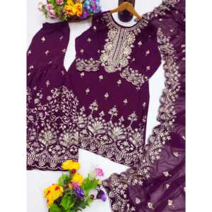 Feni Fashion Women's Party Wear <b>Purple</b> Sharara <b>Suit</b> Set S Size 1000g Sequence Embroidered Work - Product Image 3