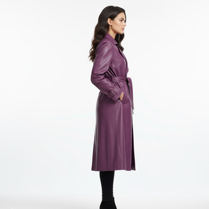 Elegant <b>Purple</b> Real Leather Windproof Breathable <b>Trench</b> <b>Coat</b> Long Length Turn-down Collar Zipper Closure Winter Unisex Outerwear - Product Image 3